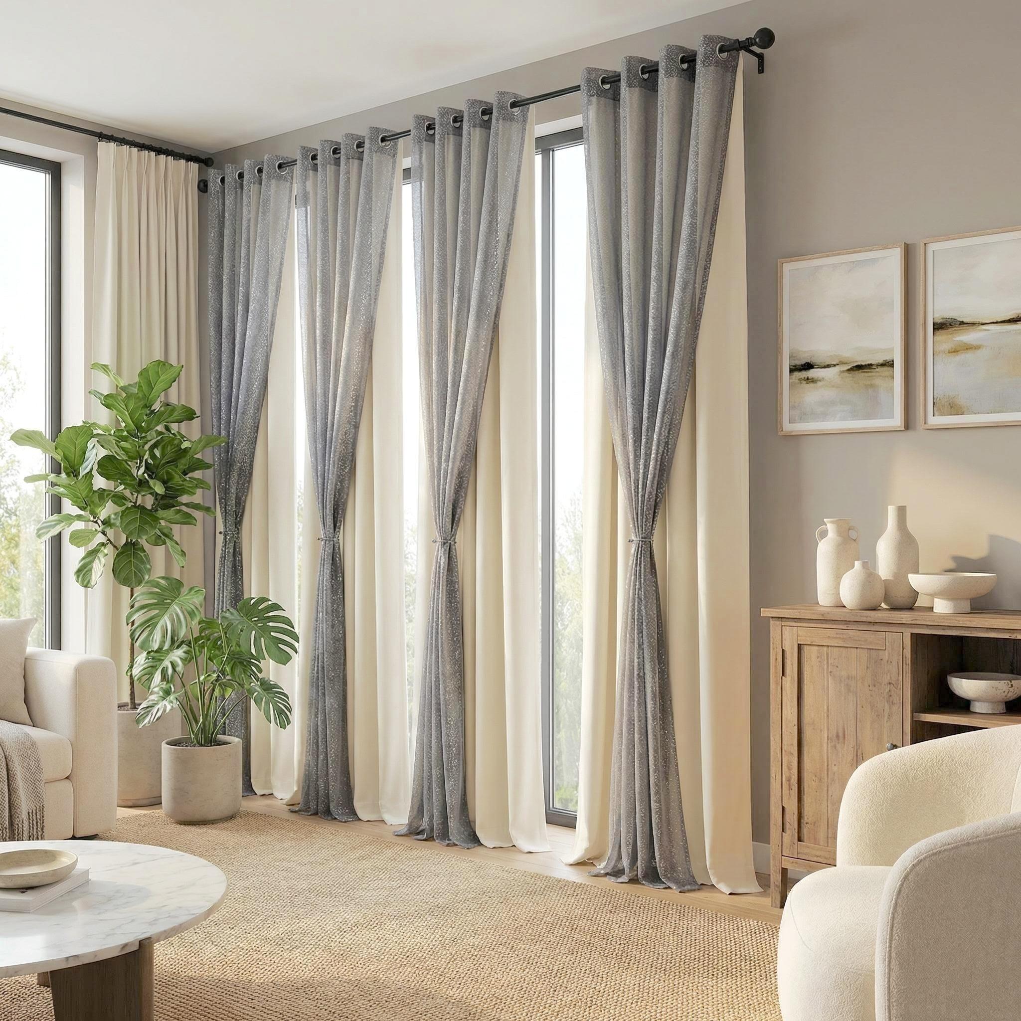 Curtain Club 8 Panels 52x84inch Curtain Fabric + Chiffon Set: 4 panels are plain blackout fabric, 4 panels are chiffon. With silver heat transfer finish, allowing light to pass through. The set can provide both blackout and decorative effects. FT2599+L28