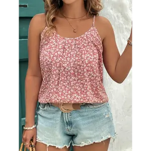 Plus Size, Women's Plus Size Floral Tank Top - Soft Pink Floral print, Non-Stretch Fabric for Everyday & Formal Outfits - Machine Washable Blouse - Spring/Summer Women's Clothing, Ladies Tank Tops,Relaxed Fit Womenswear Polyester Gamis Casual