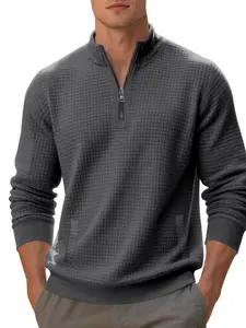 Men's Waffle Texture Half Zip Stand Collar Sweatshirt with Plaid Jacquard Long Sleeves, Multiple Colors, Side Pocket Design, Casual and Warm for Autumn and Winter Daily and Business Casual