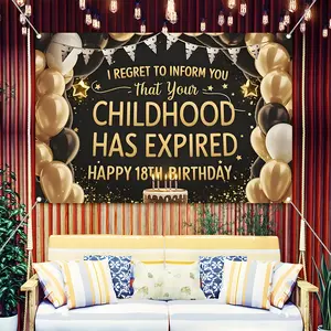 18th Birthday Backdrop Banner, "Childhood Has Expired" Funny Black and Gold Party Decorations with Balloons Cake, Durable Polyester Fabric Photo Booth Prop, Reusable Easy to Clean, Perfect for 18th Birthday, Sweet 18, Adult Party, Home Decor,Gift for Teen