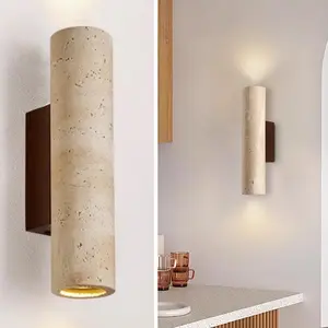 Natural Yellow Travertine Wall Lamp, 11"H Long Linear Stone Wall Sconce with Stone Lampshade Wooden Base, Mid Century Modern Wall Sconces for Dining Room Bedroom Living Room Hallway (Indoor Use)