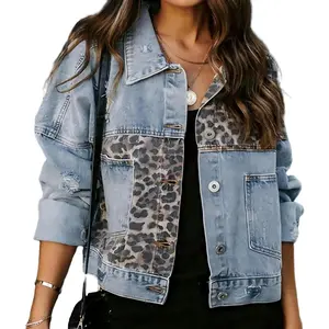Distressed Denim Jacket with Leopard Print Panel, Light Blue, Button Front, Oversized Fit