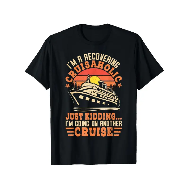 Men's Oversized Short-Sleeve Round Neck Casual Graphic Tee - 100% Cotton Loose Fit Unisex Top, "I'm a Recovering Cruisaholic" Print with Cruise Ship, S-XXXL for Cruise Enthusiasts