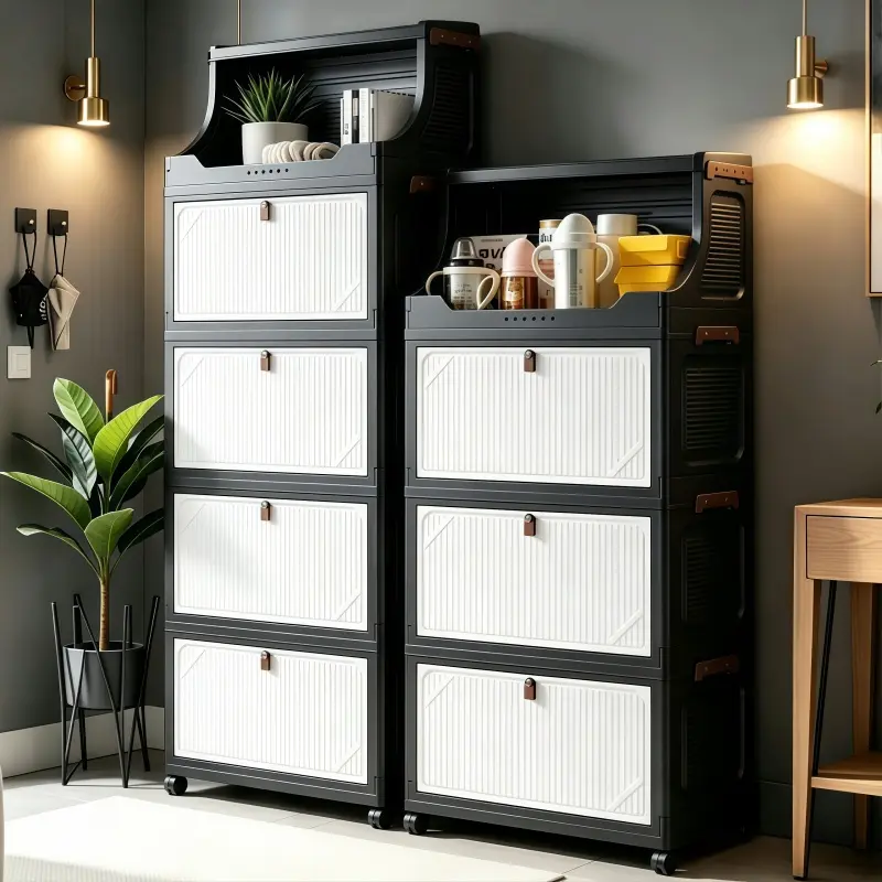 Portable Foldable Storage Cabinet with Open Shelves, Large Capacity Stackable Plastic Storage Organizer with Wheels, Modular Folding Storage Bins with Double Doors, for Entryway, Living Room, Kitchen, Bathroom Organization and Storage