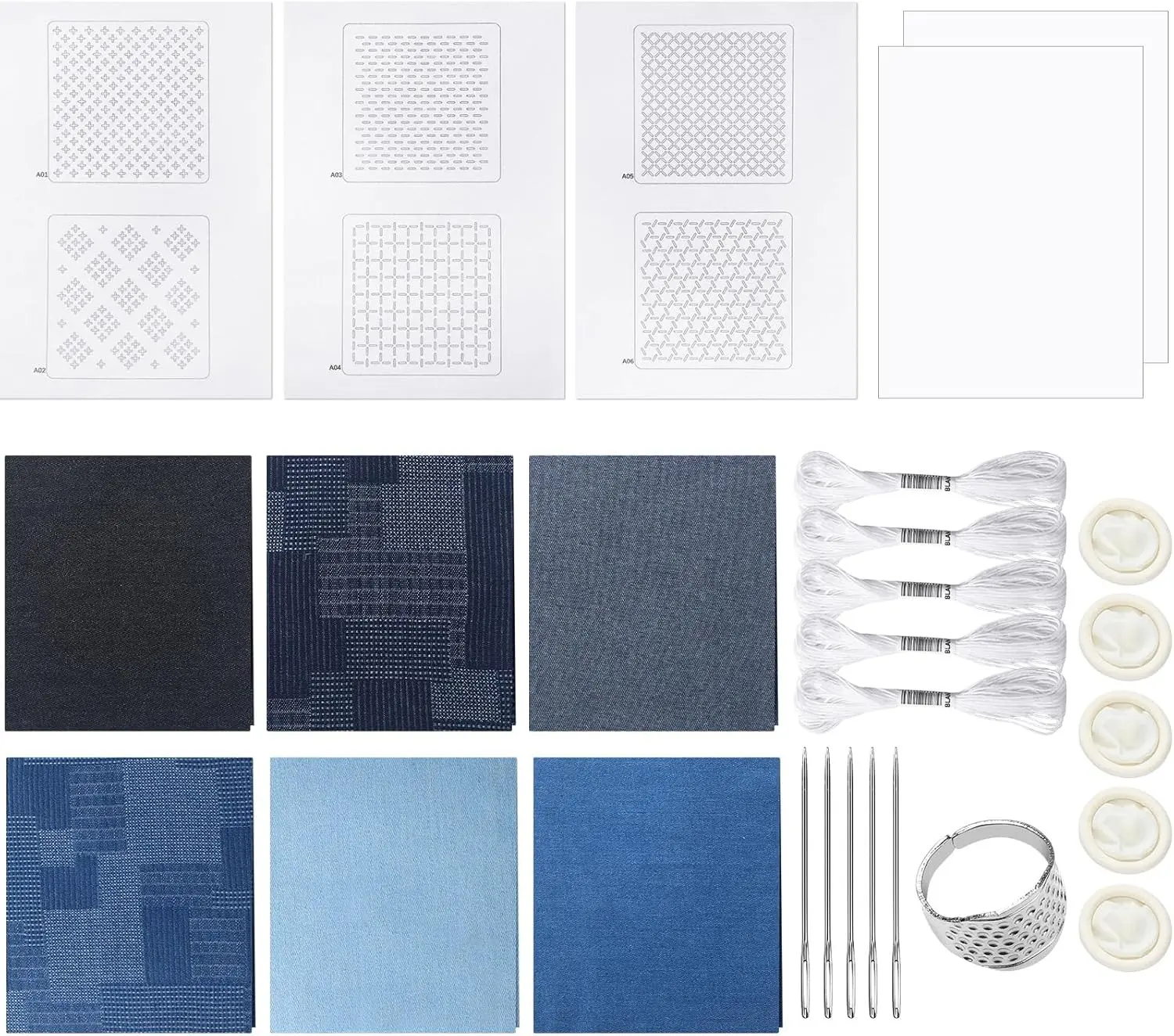 Sashiko Kit Sashiko Thread and Needles Thimble Denim Fabric Water Soluble Japanese Embroidery Kit for Beginners Hand Quilting and Mending, Sewing Supplies