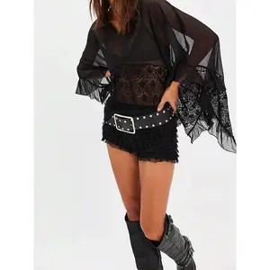 vnecklaceWomen'sSummerSheerPonchoTopsSolidColorBatwingSleeveLooseFitT-ShirtsBlousesFairyGrungeOversizedVNeckLaceSeeThroughFlowyTopsDesignMenswearThoughtCasualHemFaithHoodieand