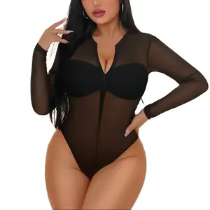 Avidlove Womens Mesh Bodysuit Long Sleeve Snap Crotch Zipper Leotards Tops Breathable Fashionable Night Out Wear