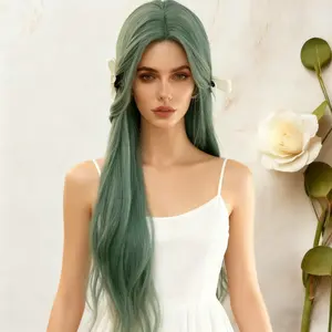 Women's Elegant Mint Green Wavy Wig - Heat Resistant Synthetic Hair, Long 24-Inch Waves with Breathable Rose Net Cap, Natural Look for Cosplay, Everyday & Special Events, Suitable for All Light Beige Tones & Hair Types, Cosplay Accessory, Body Wave