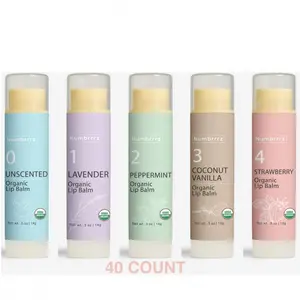 Numbrrrz Organic Lip Balm - Balm Squad 40-Pack, USDA Organic Certified - Unscented, Lavender, Peppermint, Coconut Vanilla & Strawberry Flavors, Handcrafted with 4 Clean Ingredients for Long-Lasting Hydration
