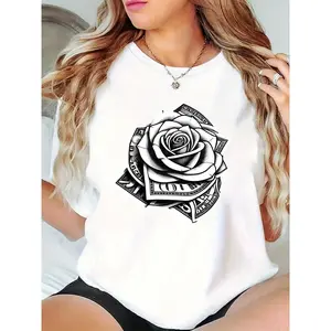 Women’s White T-Shirt with Dollar Bill Rose Graphic – Casual Streetwear, Unique Floral Money Design for Daily, Party, Festival 100% Cotton T-shirt