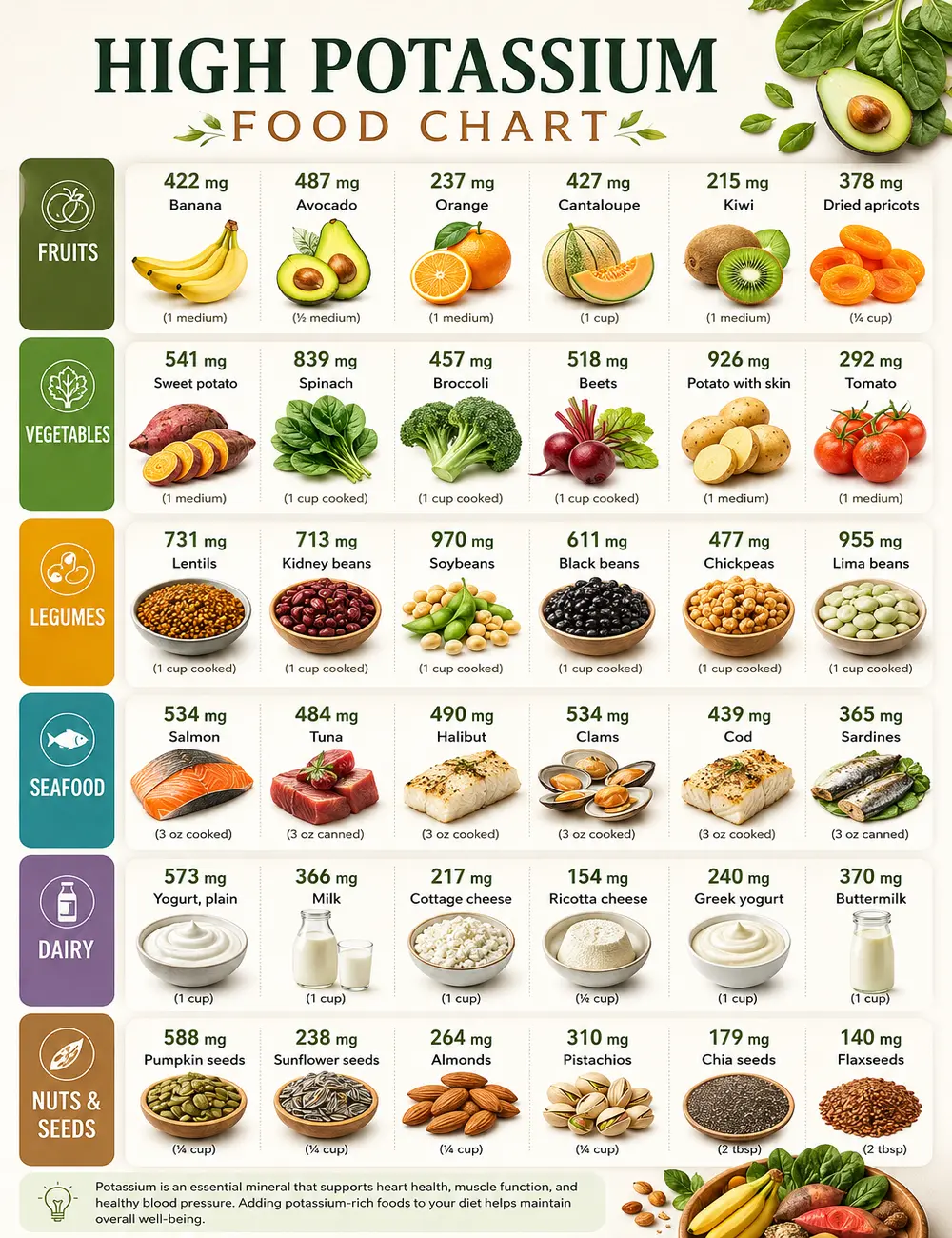 High Potassium Food Chart Poster Healthy Eating Nutrition Guide Canvas Wall Art Potassium Rich Foods Educational Print Dietitian Kitchen Decor Wellness Nutrition Infographic Home Gym Clinic Office Classroom Decor Unframed Poster Gift