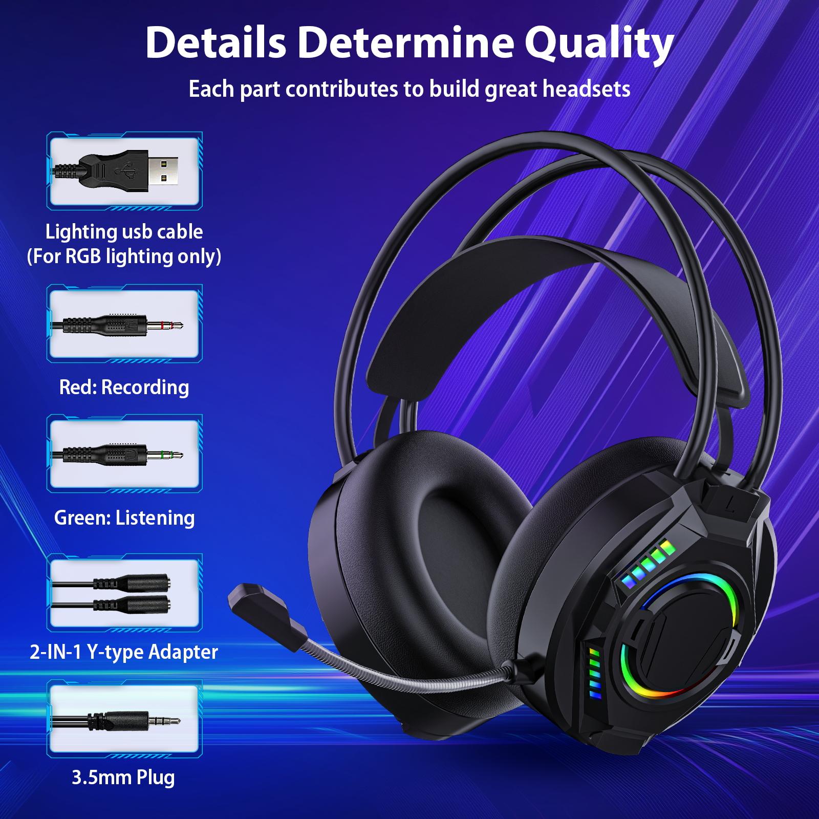 Stereo Surround Gaming Headset for PC, PS4, PS5, Xbox Series X/S Controller, Cell phone Headset with Noise Canceling Mic, LED Light Over Ear Headphones