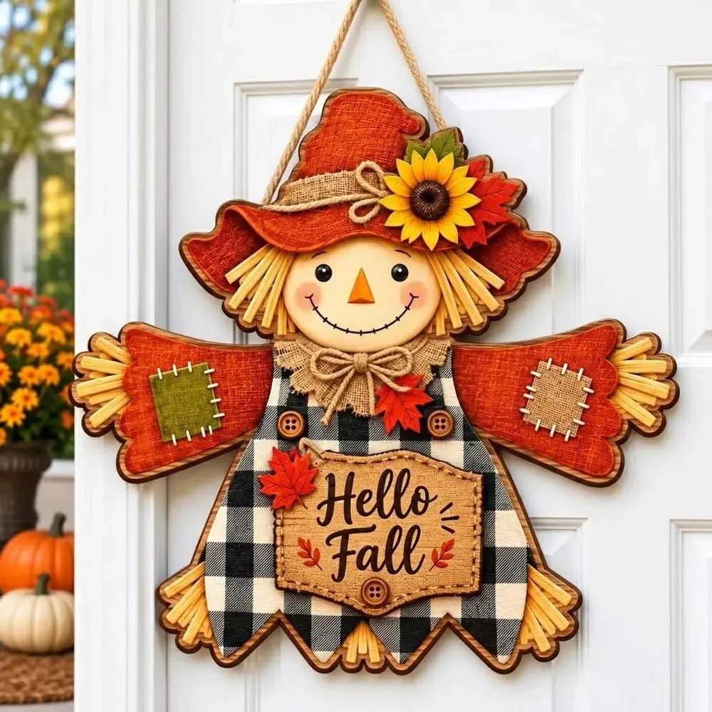 Hello Fall Door Hanger Rustic Farmhouse Scarecrow Autumn Porch Sign