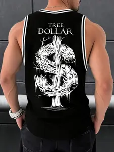 "Tree Dollar" Money Tree Graphic Oversized Polyester Stylish Sleeveless Jersey Basketball Tank for Men | TikTok Trendy Streetwear Athletic Top – Bold Black & White Design, Breathable Polyester Fabric, Loose Fit Perfect for Gym Workouts,