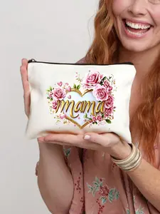 Love and floral pattern and letter 'Mom' printed cosmetic bag - available in multiple colors, cosmetic bag, secure zipper, women's travel cosmetic bag, large capacity storage bag, daily toiletries cosmetic bag, multifunctional storage bag