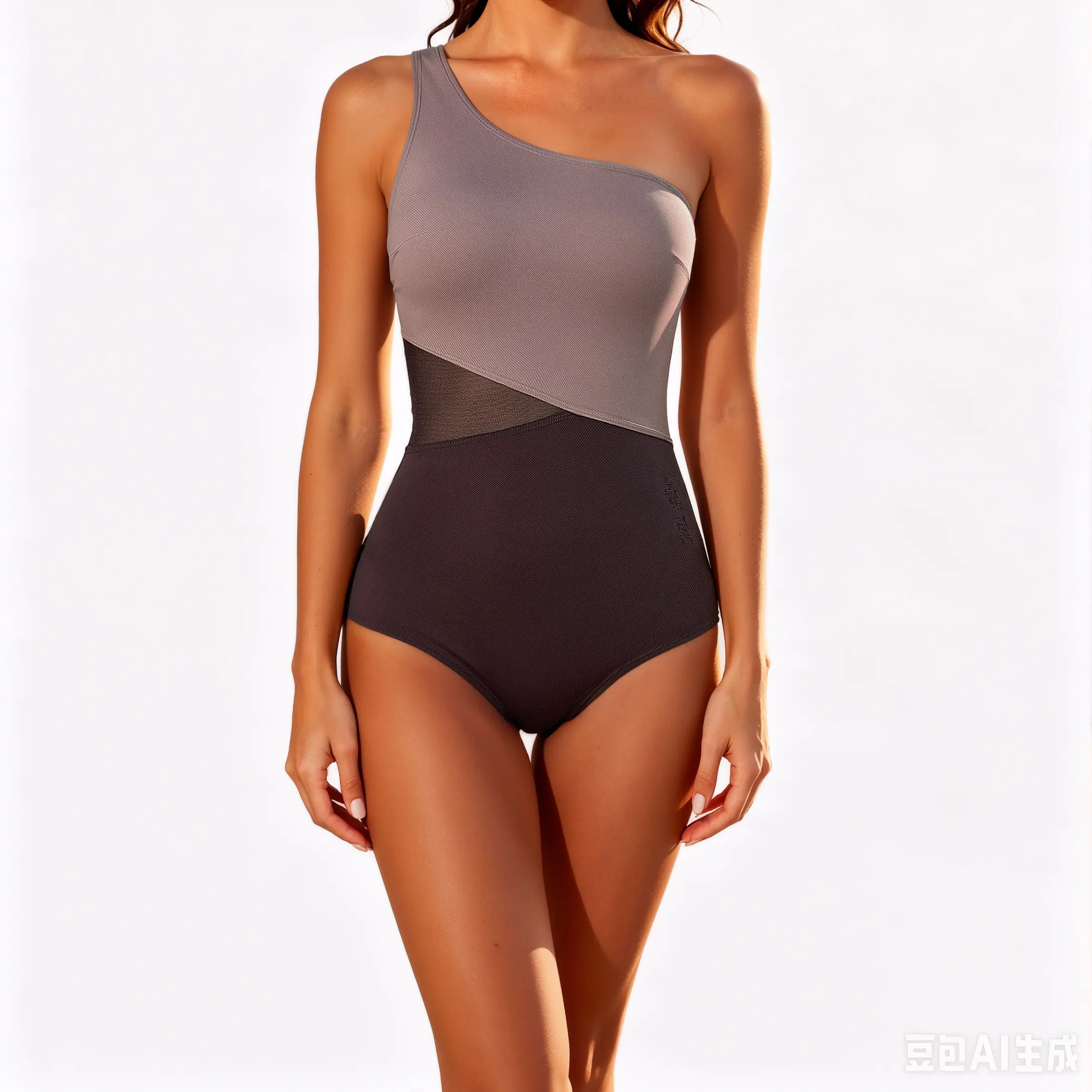WATER TIME Women's Tan Brown 1-Shoulder Color-Block Smart Sculpt 1-Piece Swimsuit - Tummy Control, Casual Fitted Fashionable Swimwear, Convertible Straps, Medium Leg Cut, Mesh Accents, Nylon Blend, Hand Wash Only, Beach Wear, Smart Sculpt Swimsuit, Casual
