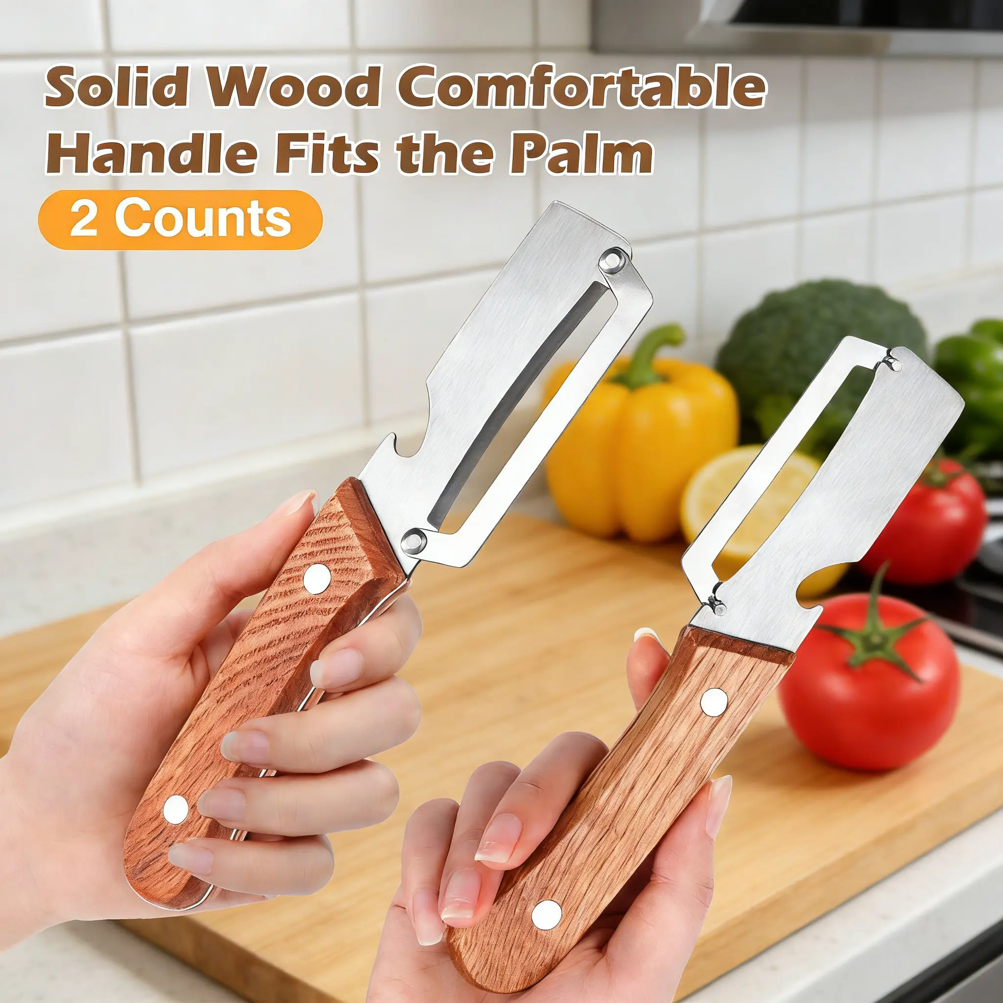 Camp Kitchen Stainless Steel Sharp Peeler - Wooden Non-Slip Ergonomic Handle, Built-In Bottle Opener, Durable Construction for Fruits & Vegetables, Essential Camping Cooking Utensil