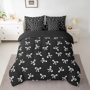 Bow Black White Comforter Set with Sheets 7 Piece Cute Kawaii Bed in a Bag Kids Girls Ribbon Bow Knot Bedding Set Princess Bowknot Girly Bedroom Decor Soft Lightweight Microfiber