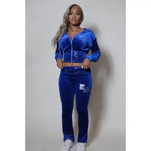 Rachell Royal Blue Rhinestone Velour Stacked Track Set