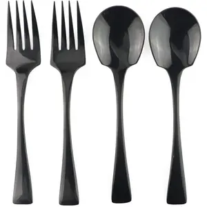 4-Pieces 18/10 Stainless Steel Big Service Fork and Spoon Flatware Set, Mirror Polishing Black