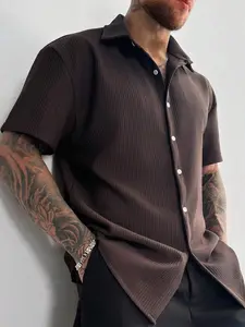 Vintage Men's Ribbed Knit Shirt Short Sleeve Polo Collar Solid Brown Textured Regular Fit for Summer Vacation Casual Office Wear Christmas Gift