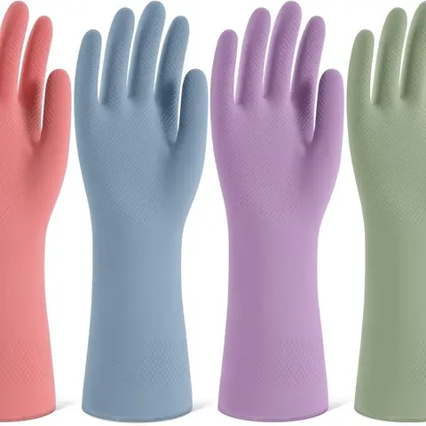 Rubber Cleaning Gloves for Dishwashing, 4 Pairs Reusable Kitchen Gloves for Washing Dishes and Household Cleaning, Colorful Dish Gloves with Flocked Lining and Non-Slip Grip, Pefect for Woman Men - M