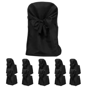 10-Pack Polyester Folding Chair Covers with Attached Sashes – Black Durable Reusable Slip-On Covers for Wedding & Event Decor