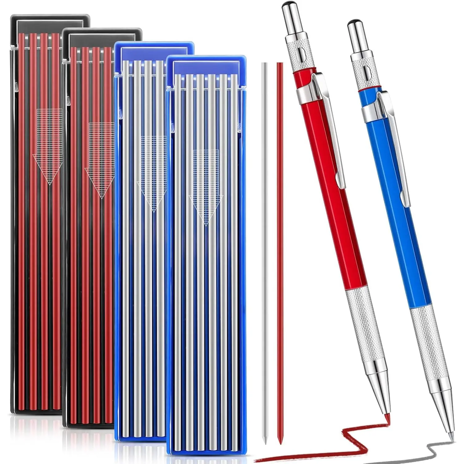 2 count Welders Pencil with 48 count Round Refills Mechanical Pencils Metal Welding Marker for Tube Pipe Fitter Welder Steel Construction Woodworking (Red, )