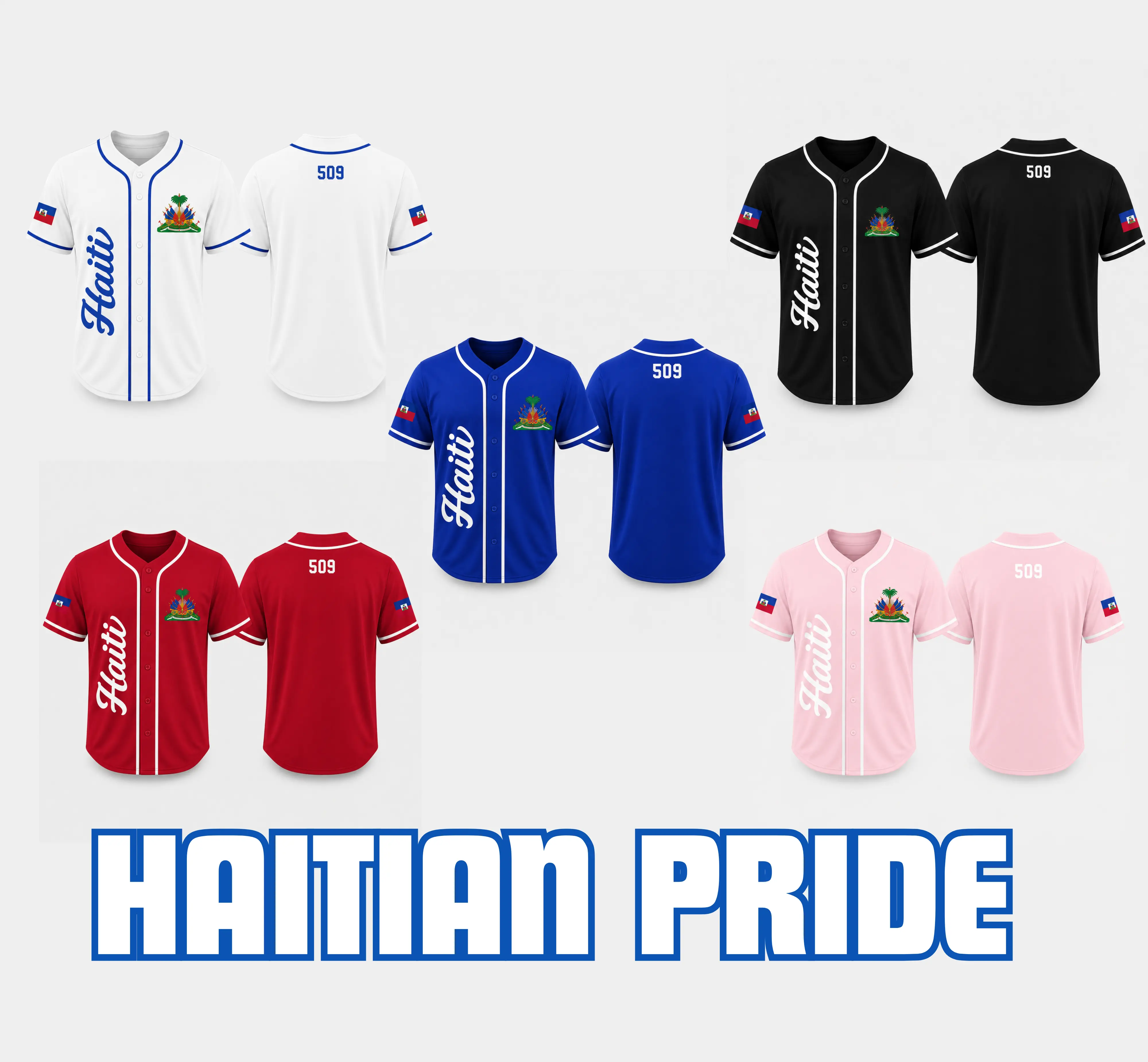 Haiti 509 Baseball Jersey – Haiti Flag Button Up Shirt, Haitian Pride Fan Apparel, Unisex S-5XL Sports Jersey, Multiple Colors