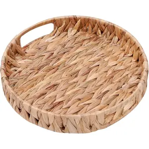 Round Woven Coffee Table Ottoman Tray with Handles - 11.8" x 1.9" Water Hyacinth Wicker Serving Tray, Decorative Storage Basket for  & Kitchen.