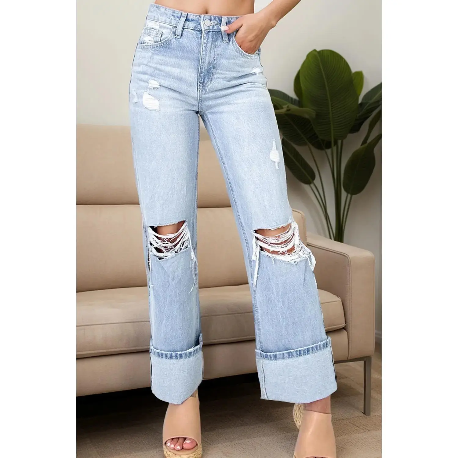 SYNZ Distressed High Waist Cuffed Jeans