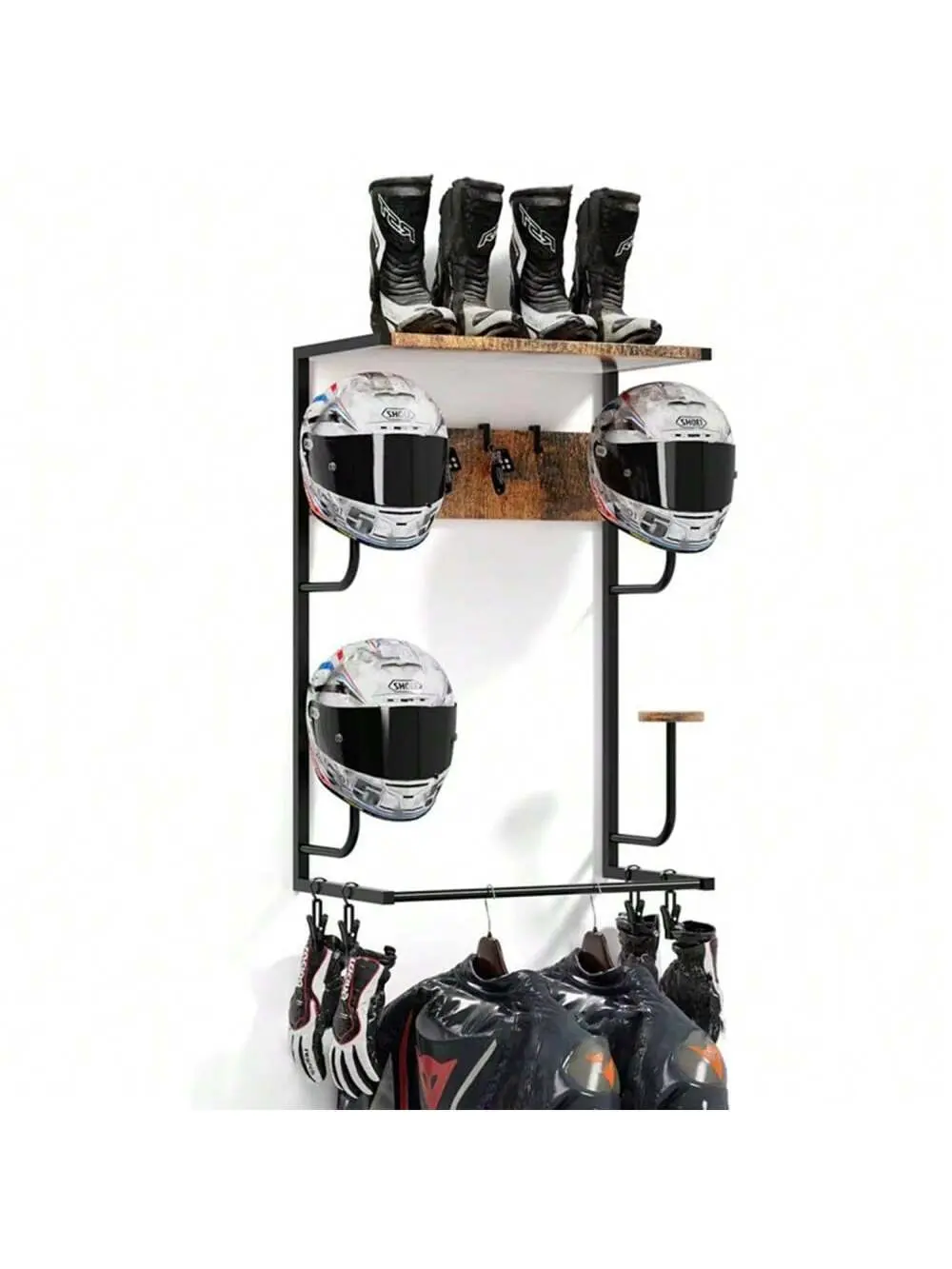 Gaomon Durable Glossy Finish Metal Wall-Mount Motorcycle Helmet Holder - Garage Organiser with 4-in-1 Storage (Glove Clips, Hat Stands, Accessories Hangers), 16.9*9.9x32.3 Inch, Water-Resistant, Reduces Clutter, Detailed Instructions