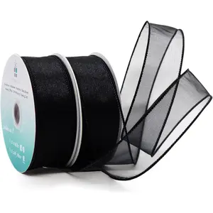 Sheer Organza Wired Ribbon 1.5" x 25 Yards x 2 Rolls Black for Wedding Chair Bow Flora Bouquet  Wrapping Christmas Tree  Decor Wreath