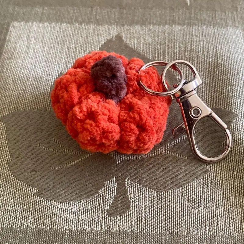Pumpkin Bag Charm Keychain with Silver Clasp Handmade Crochet Rust and Brown Pumpkin Design