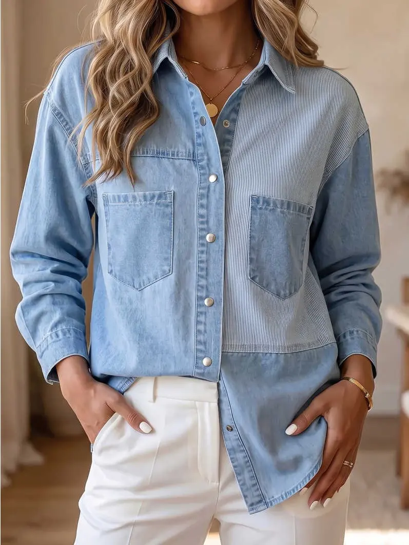 Women's Lightweight Denim Striped Patchwork Shacket Shirt Jacket - Loose Fit, Button-Down Long-Sleeve Collared Top with Roll-Up Cuffs, Chest Pockets, Statement Layering Piece (Stripes Casual Jackets for Women)