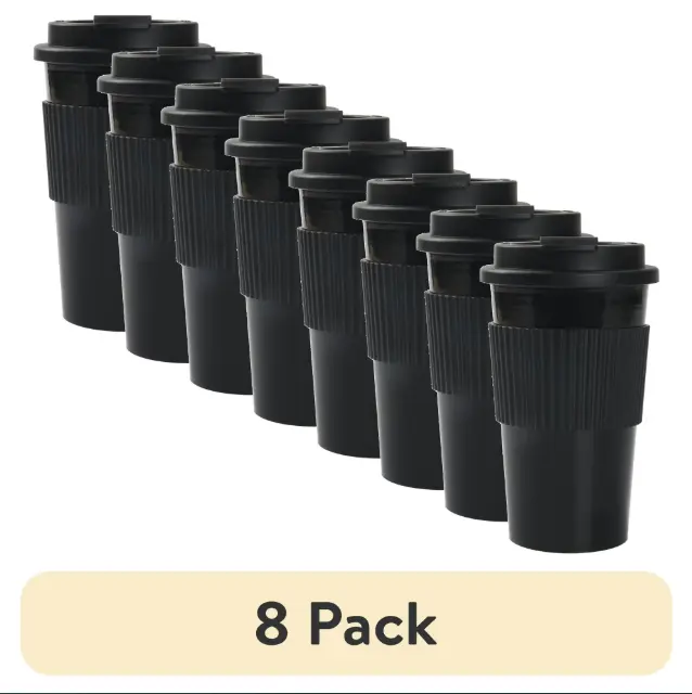 (8 pack) 18oz Rich Black Plastic Travel Coffee Cup with Lid