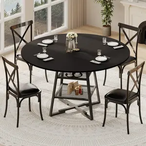 Dining Room Round Table Set for 4-6, Circle Kitchen Dining Table with Metal Base, Wooden Round DiningTable, Wood Kitchen Tables with Storage Shelf
