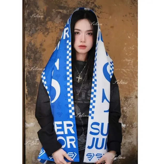 Blue & White K-Pop Concert Slogan Scarf – Long Printed Cheering Muffler, Aesthetic Fan Merch Wrap & Streetwear Knit Shawl for Women & Men