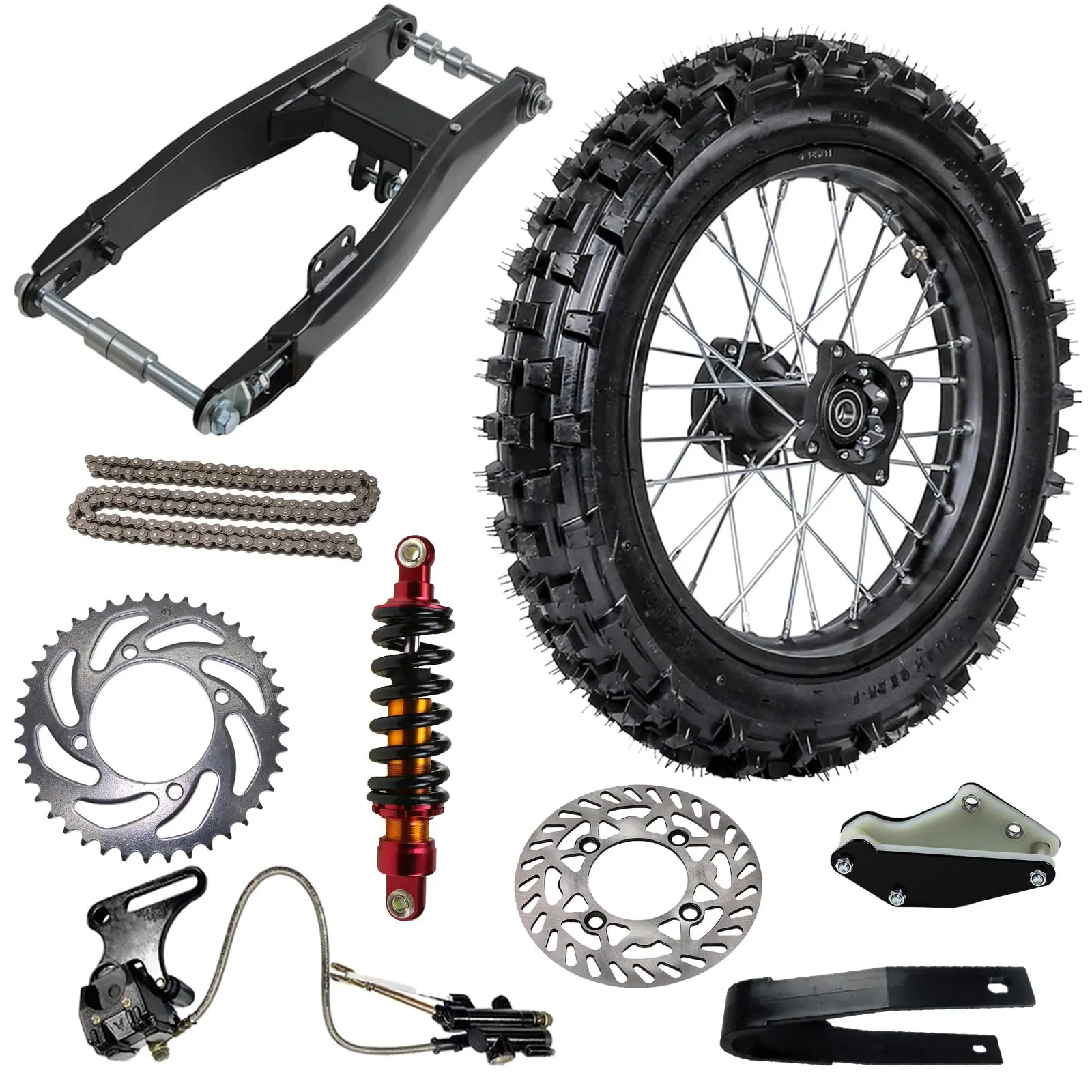 Suisuitong 90/100-14 Dirt Bike Rear Wheel Swing Arm Kit – 1.85x14 Tire Rim, Swingarm, 285mm Rear Shock, Brake Caliper & Rotor, 428 Chain & Chain Sprocket – for Pit Dirt Bike Scooter Offroad Motorcycle
