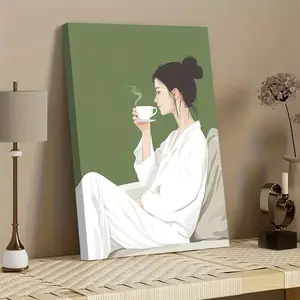 1 piece of 2D flat high-definition print, framed canvas painting and poster of a woman in white drinking coffee, ready to hang, home decoration, wall art, room decoration, ideal gift for living room, bedroom, dining room, office decoration