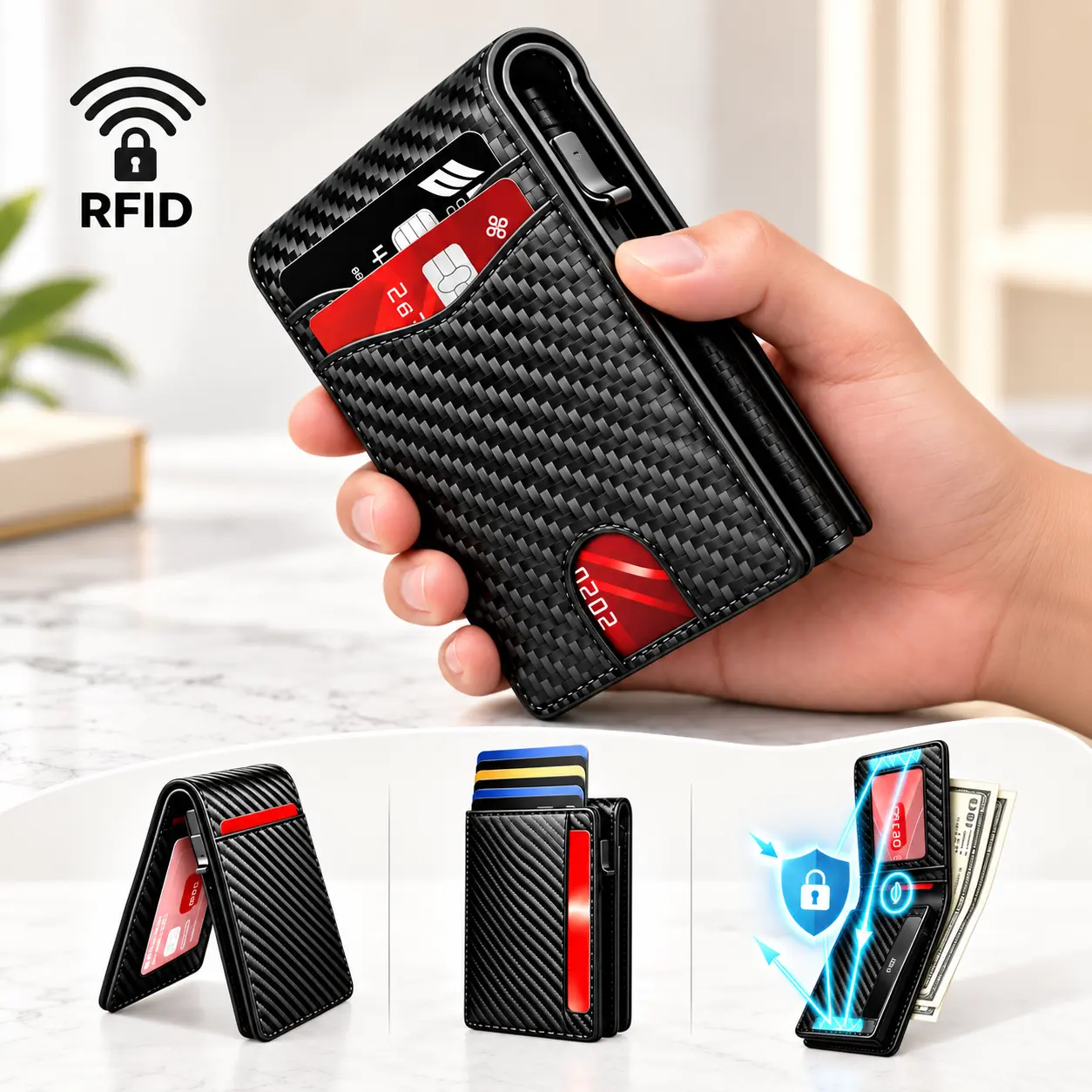Men's RFID Blocking Slim Bifold Wallet with Pop-Up Card Holder, Quick Access Card Slots, Built-In Money Clip, Minimalist Compact Wallet for Everyday Carry, Gifts for Him,Chrismasgifts
