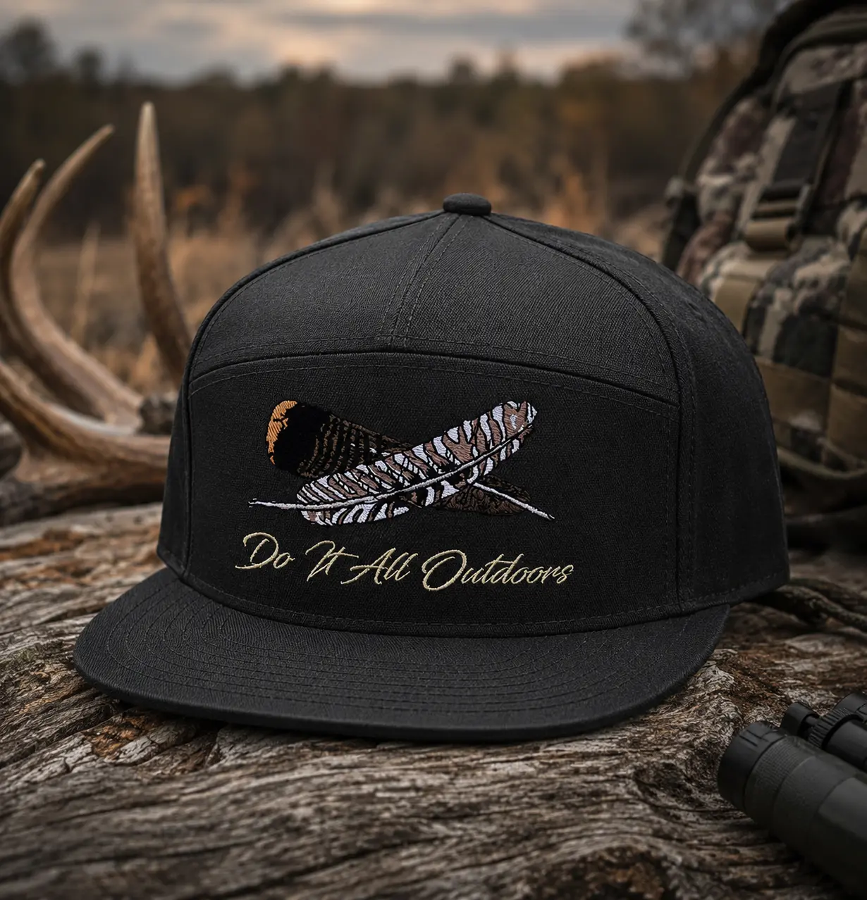 Turkey Feather Embroidered Old School Trucker Hats – 7 Panel Style in Bottomland Camo, Black, White, Brown – Unisex Fitted Cap