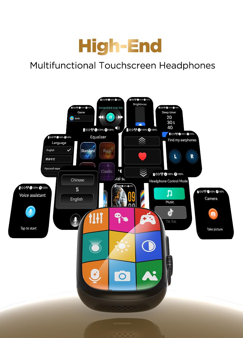 HTC NE72 Wireless Smart Screen Earbuds, Switch Bluetooth Name to Change Earbuds/Speaker Mode, Translation Earbuds, Two Touch Modes: Music Control & TikTok Scroll/Like