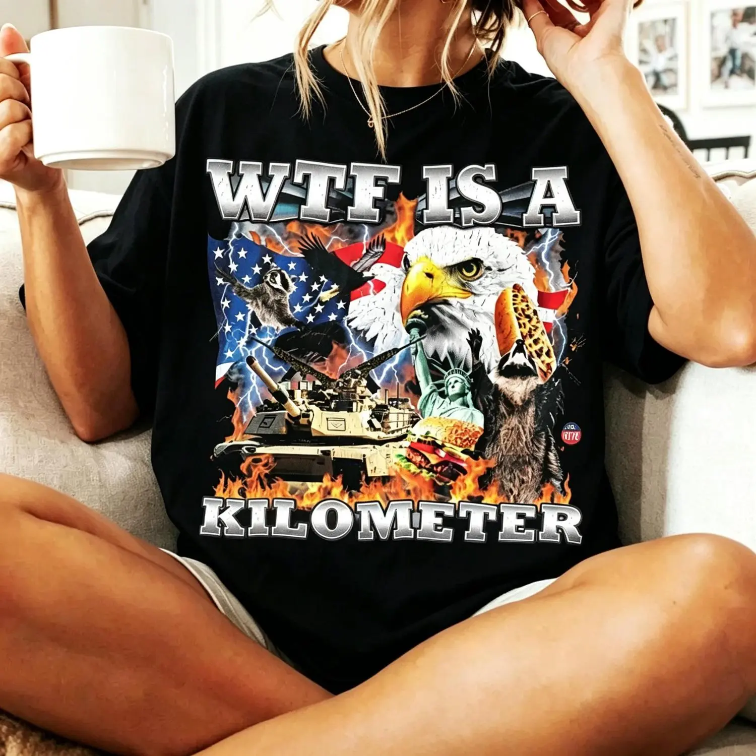 Men's Streetwear Crew Neck T-Shirt - 'WTF Is A KM' Patriotic Eagle Graphic, Regular Fit Short Sleeve, 100% Pure Cotton Breathable Fabric, Full Range of Sizes, Casual Tops