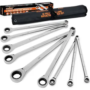 9- Extra Long Ratcheting Wrench Set, Double Box End Wrench Set with Tool Bag & Box, Metric 8-22mm, CR-V Steel