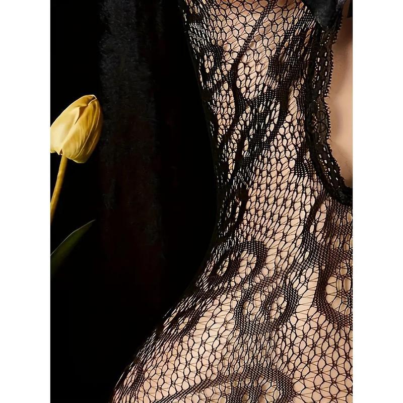 1pc Women's Bowknot Sheer Mesh Jumpsuit With Large Size Fishnet Stockings, European And American Style For Rave