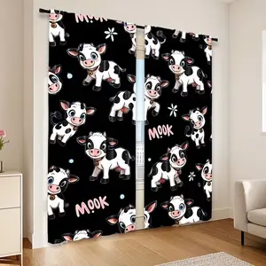 Cute Cartoon Cow Art Print Curtains, Polyester Fiber Rod Pocket Curtains, Light Filtering, Bedroom Living Room Office Decor, Interior Decoration Accessories