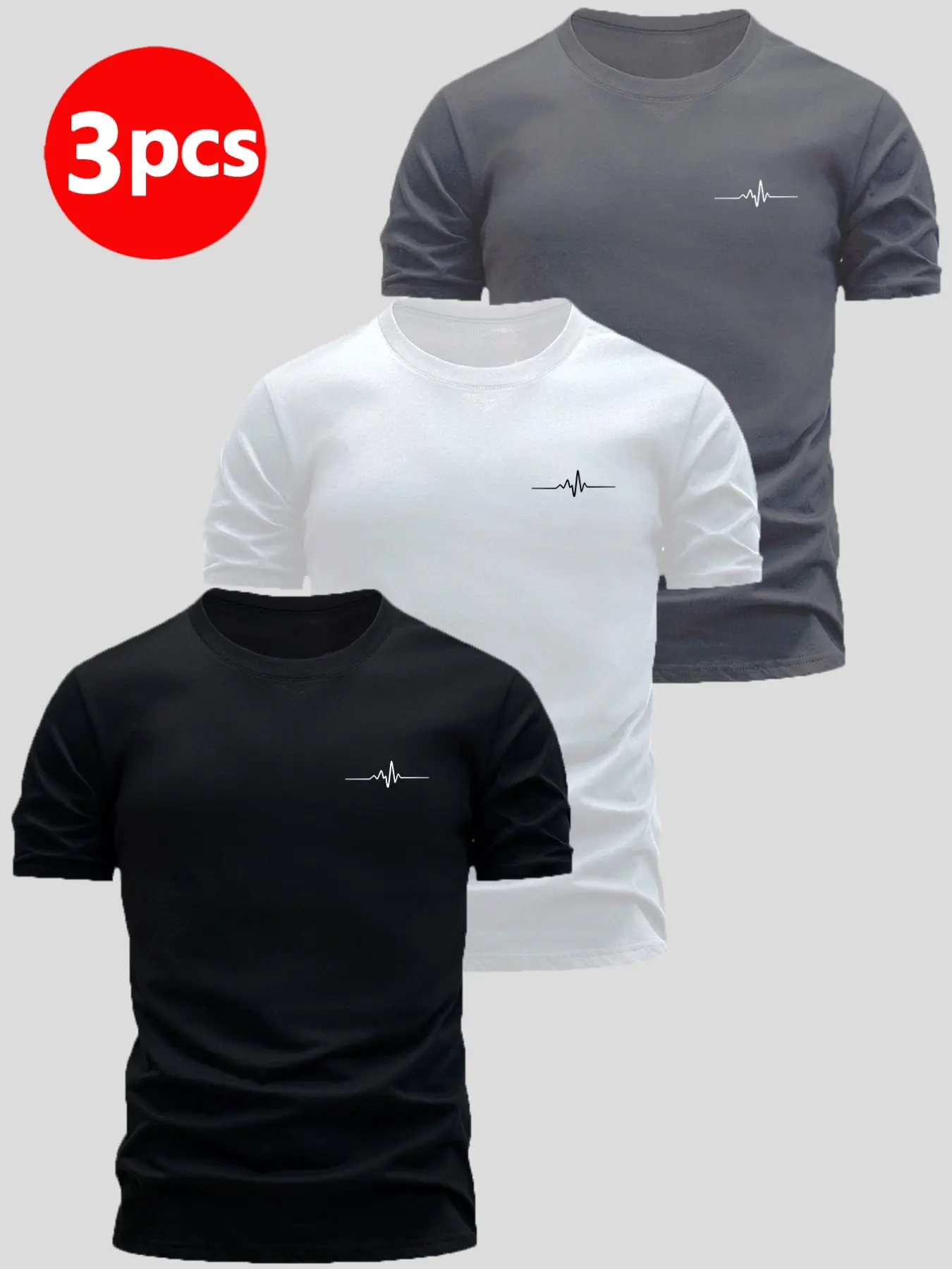 3-Pack Men's Short Sleeve T-Shirts, Round Neck, Fashion Heartbeat Pattern, Casual Loose Fit, Breathable Summer Tops, Street Style, Streetwear, Casual Graphic Top