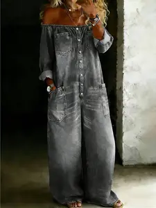 Latest trendy women's one-shoulder jumpsuit, European and American fashion, sexy, single-breasted, off-shoulder, washed faux denim jumpsuit