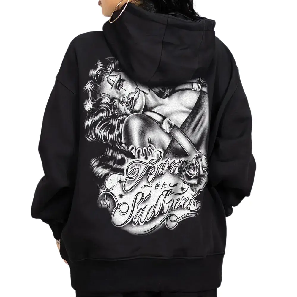 Chicano Style Graphic Hoodie, Unisex Oversized Fit Long Sleeve Pullover Sweatshirt, Cotton Polyester Casual Streetwear Top